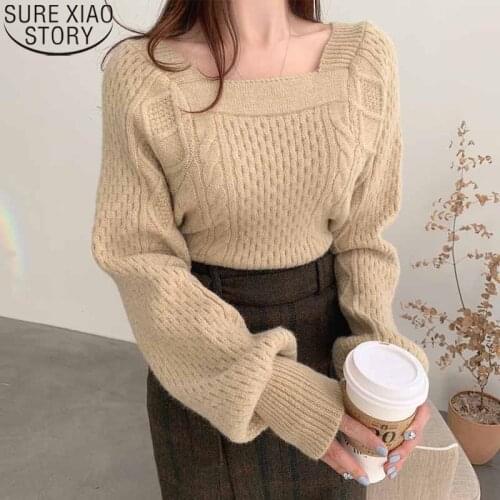 Sweet Square Collar Sweaters Women 2021 Winter Clothes Elegant Fashion Twist Sweater Pullover Solid Loose Knitted Tops 11121