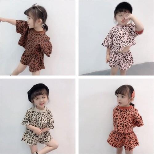 New leopard t-shirt tops+shorts 2 pieces set children toddler girl summer clothes 1 to 6 years girls fashion kids outfit cotton