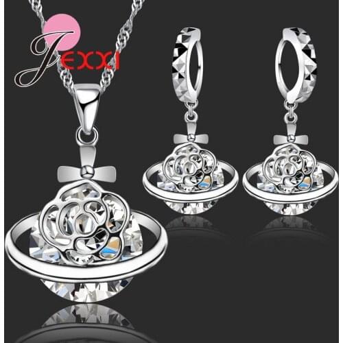 New 925 Sterling Silver African CZ Crystal Flower Necklace Drop Earrings Romantic Wedding Jewelry Set Bijoux Accessory