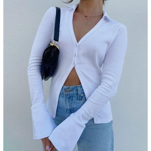 Pure Color Deep V Long-sleeved T-shirt Spring Autumn Knitted All-match White Button Cardigan Top Sexy Sweater Women Clothes