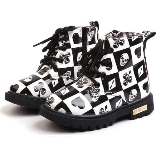 Autumn Winter Children Shoes Fashion Skull Floral Boots PU Leather Waterproof Baby Kids Shoes For Girls Boys Boots