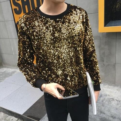 Sequins Luxury T Shirt Men Vintage T Shirts Men Nightclub Hip Hop T Shirt Men 2021 Spring Tshirt Gold Black Stranger Things