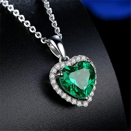 Luxury Female Crystal Blue Green Zircon Stone Necklace Cute Wedding Necklace Silver Color Heart Pendants Necklaces For Women