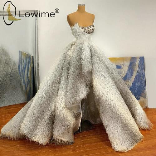 Luxury Feathers Strapless Evening Dresses A Line Crystal Puffy Evening Gowns Custom Made Formal Women Dress