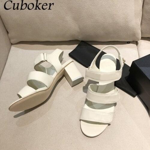 Luxury Brand Genuine Leather Women Sandals Peep Toe Chunky Heel Slides Three Straps Ladies Gladiator Sandalias Mujer Women