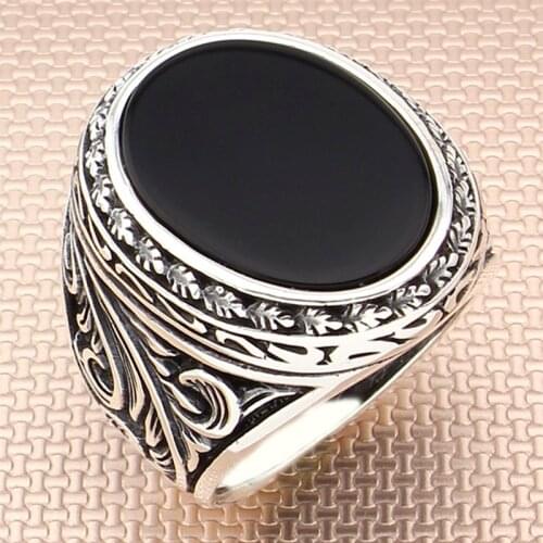 Vintage Sterling Silver Ring For Man 925 Carat Pure Natural Black Onyx Stone Engraving Handmade Turkish Jewelry