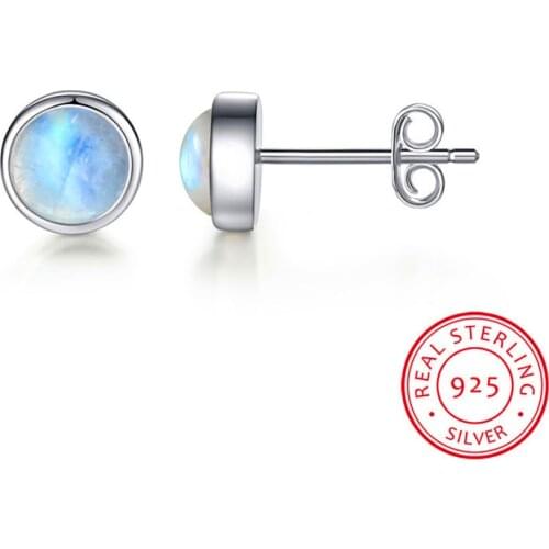 Dainty Female White Round Natural Gems Earrings Real 925 Sterling Silver Earrings For Women Cute Moonstone Small Stud Earrings