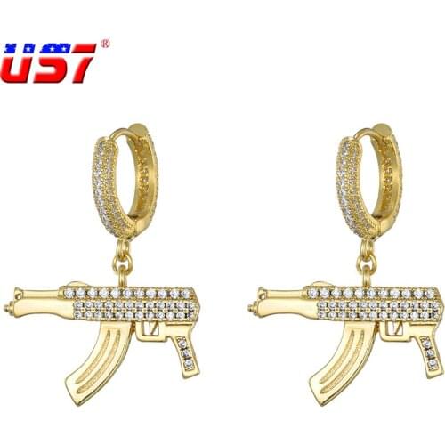 US7 Micro Paved AK47 Gun Dangle Earring Full Bling Iced Out Cubic Zircon Gold Silver Color Earrings For Men Hip Hop Jewelry