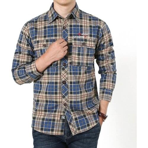 Spring Autumn Shirt Men Military Casual Plaid Button Up Shirt Long Sleeves Camisa Masculina Cotton Mens Shirts Large Size M-4XL