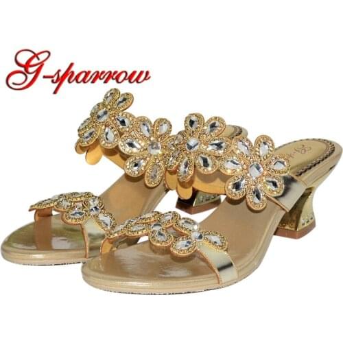 Wedding Party Sandals Thick Heel Slippers All Match Woman Dress Shoes Gold Rhinestone Seven Petals Flower Zapatillas de verano