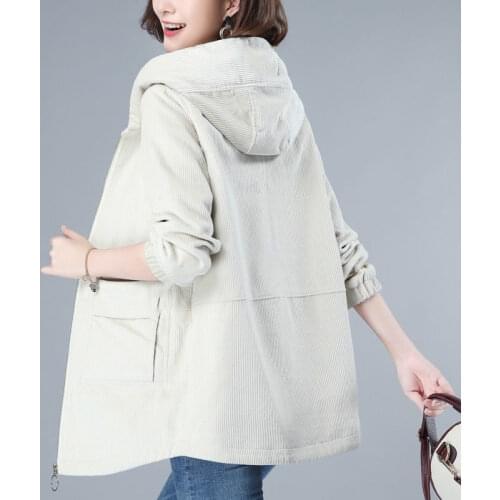 Hooded Corduroy Jacket Women 2021 New Spring Autumn Korean Plus Size Loose Outwear Middle-aged mother Casual Windbreaker Coat