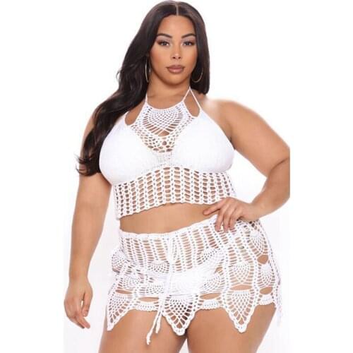 Handmade Crochet Halter Top and High Waist Skirt Sets S-5XL Skirts