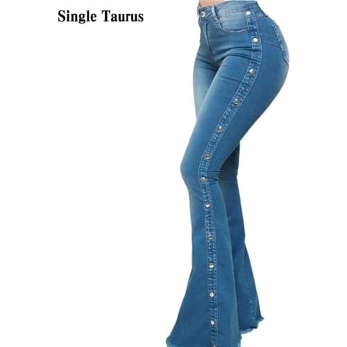 Female Plus Size jeans Blue Washed Flare Denim pants for Women 2021 Spring Clothes Skinny High Waist Side Stripe Sequined Pant