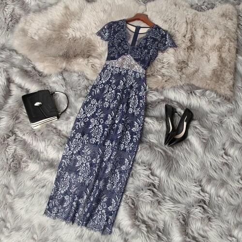 Europe and the United States womens clothing New Summer 2021 Short sleeved v-neck lace Fashion slim dress