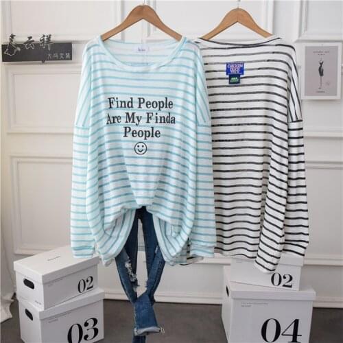 Summer Long Sleeve Stripe Casual Tunic Top Women Large Size 2021 Thin Crewneck Cozy Oversized Tee Shirt