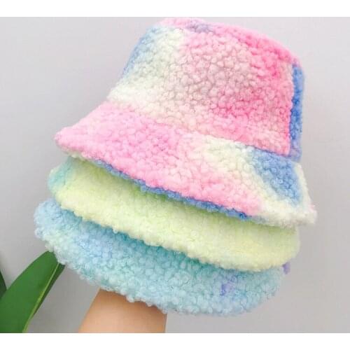 Women Dye Artificial Fur Warm Bucket Hats Female Cap Faux Fur Winter Bucket Hat Casual Flat Print Hat for Lady Fashion Outdoor