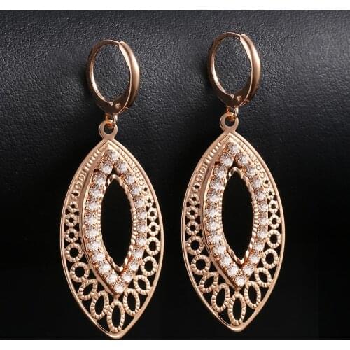 585 Rose Gold Cut Out Leaf Shaped Drop Earrings for Womens Girls Hollow Paved CZ Drop Dangle Earrings GE196A