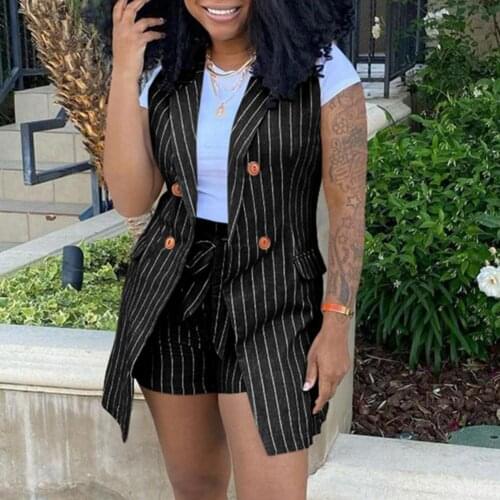 Women TwoPiece Suit Waistcoat And Shorts Set Office Suit Blazer Pantsuit Sleeveless Stripe Pattern Women Summer Suit Vest Jacket