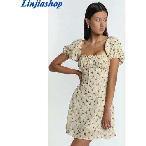 Spring summer women mini dress floral print with lining short sleeves slim holiday beach robe femme