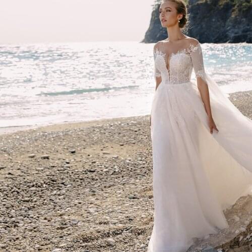 Sexy Wedding Dresses Tulle Pleat Appliques V-Neck Half Sleeve Zipper A-Line Bridal Gowns Novia Do 2021 New Party