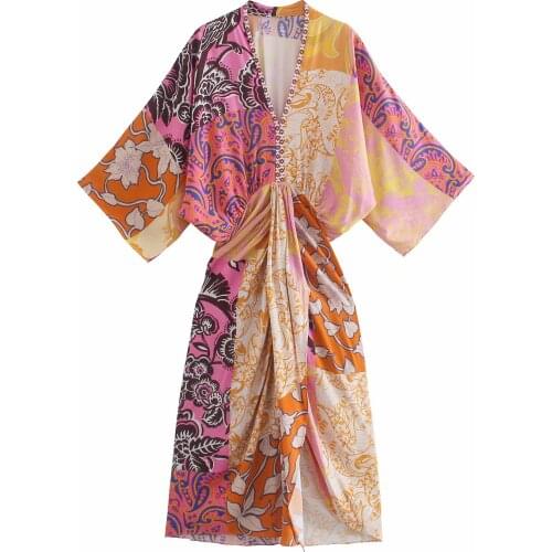 New Women Vogue Printed Waist Elastic Front Slit Midi Dress V-Neck Half Sleeves Vintage Chic Lady Dresses Female Robe