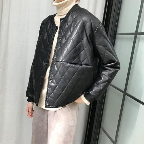 Winter Warm Loose PU Leather Clothing Short Coat Motorcycle Jacket 2019 Women Clothing Korean Plaid Black Leather Jacket Cotton