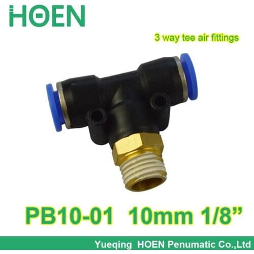 100pcs/lot 10mm thread 1/8" joint 3 way pneumatic fitting PB10-01 Push In One touch tube quick pipe tee Quick Fitting