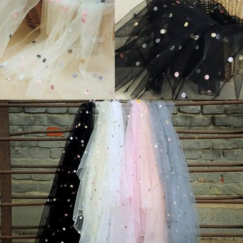 2yards High Quality Transparent Mesh Sequin Embroidery Lace Fabric Skirt Wedding Curtain Handmade Clothing Materials Accessories