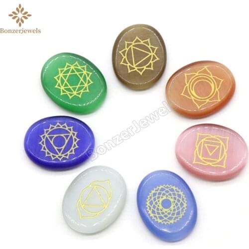 7 PCS Colors Cat Eye Engraved Symbols Flat Oval Palm Reiki Polished Seven Chakras Healing Stones Divination 22-28MM