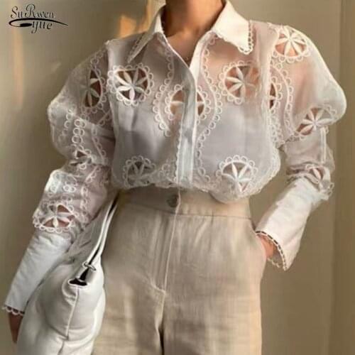 White Lace Blouse Floral Embroidery Shirt 2021 Spring Hollow Out Tops Plus Size Sexy See Through Long Sleeve Shirt Blusas 13369