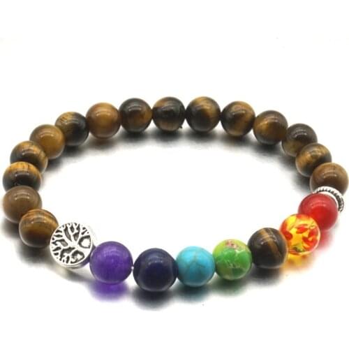 Tree of Life 8mm Seven Chakras Natural Stone Beads Beaded Bracelets Men Women Elastic Friendship Bracelet Prayer Strand Jewelry