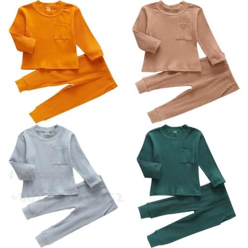 Children Set Baby Boys Girls Long Sleeves T-shirt+Trousers Solid Color with Pockets Casual Outfit Elastic Waist Spring Clothing