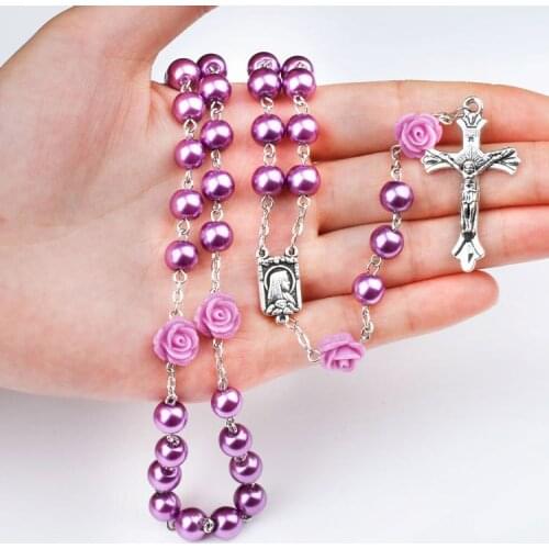 Best Selling Purple Imitation Pearl Rose Catholic Rosary Necklace Cross Virgin Religious Necklace