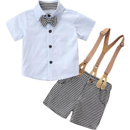 New 2 Pcs Infant Houndstooth Print Outfits, Baby Boy Button Down Short Sleeve Lapel Bowknot Shirt + Suspender Pants with Pocket