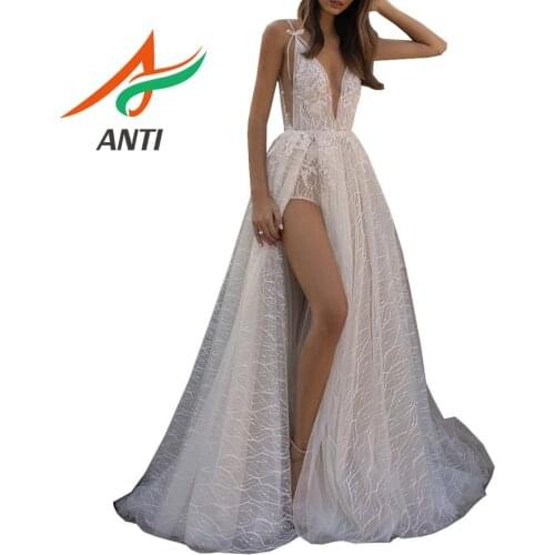 ANTI New Sexy White Evening Dress Deep V-neck Sleeveless Backless Lace Flower Beach Prom Formal Gown Vestido De Fiesta