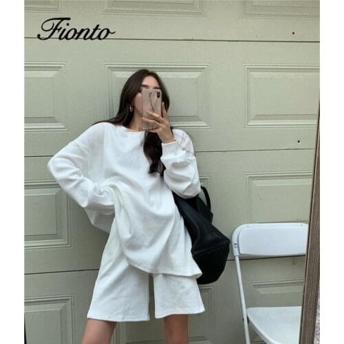 Casual Women Short Set Tracksuit 2021 New Solid Color Loose O-neck Sports Suit Women Long Shirt And High Waist Shorts Sets