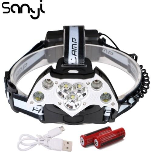 SANYI 3*T6+2*XPE Headlight 5 Modes Flashlight Forehead USB Rechargeable 18650 Battery Camping Light Portable Lantern