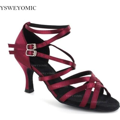Girls Latin Dance Shoes Soft Bottom Training Salsa Latin Dance Shoes For dancing women sexy Stylish High heel Red Wine Color