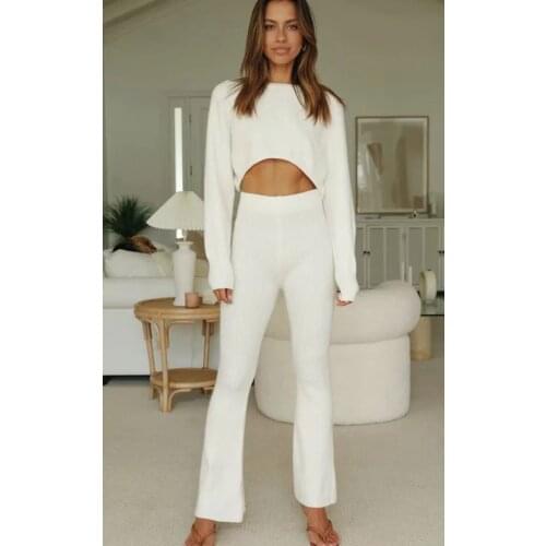 XIKOM 2021 Women Two-piece Set Knitted White Short Sweater pullover Female Fashion Slim Elasticity High Waist trousers Suits