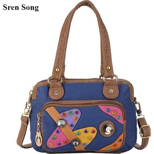 Female One-shoulder Bags Hand-held Messenger Bags 2021 New Retro Washed Leather Female Handbags with Diamonds Hit Color Bags
