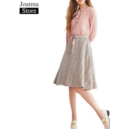 Spring New Short Shirt Suits Women O-Neck Bow Lantern Sleeve Blouse High Waist Vintage Loose Plaid Skirt Pink Plus Size Clothes