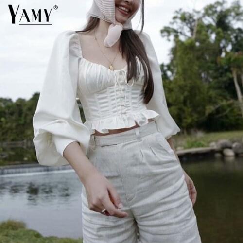 Summer crop top women lace up blouses long sleeve shirts korean fashion kawaii blusas vintage white shirt lolita blouse 2021