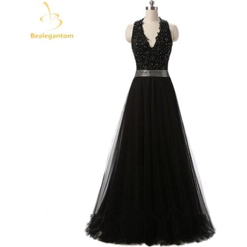 Bealegantom New Sexy Black Deep V-Neck Evening Dresses 2019 With AppliquesFormal Party Prom Gown Vestido Longo QA11