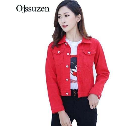 2019 Ladies Denim Jacket Coat Female Black Jacket Jeans Basic Coat Spring Autumn Plus Size Womens Jacket Denim Outwear Red