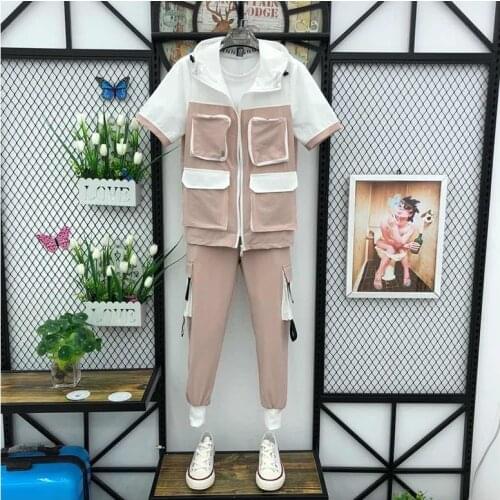 Summer men and women same style hooded stitching short-sleeved nine-point pants suit fashion casual sports two-piece suit