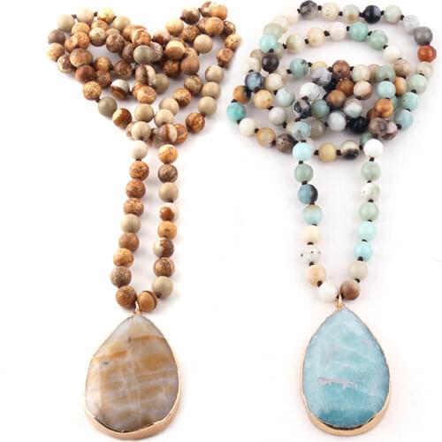 Fashion Bohemian Jewelry Semi Precious Stones Long Knotted Stone Pendant Necklaces For Women Ethnic Necklace