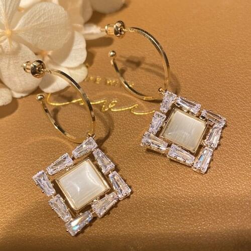 Trendy geometric square white opal drop earring for women