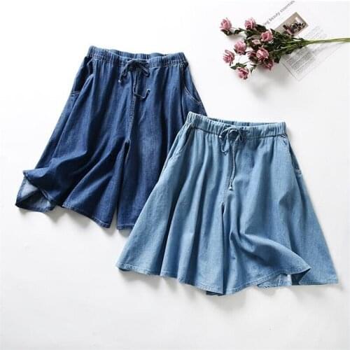 Hot Summer 2020 Fashion Womens Shorts Skirts Casual Solid Color Pleated Trousers Elastic High Waist Denim Shorts Plus Size 7XL