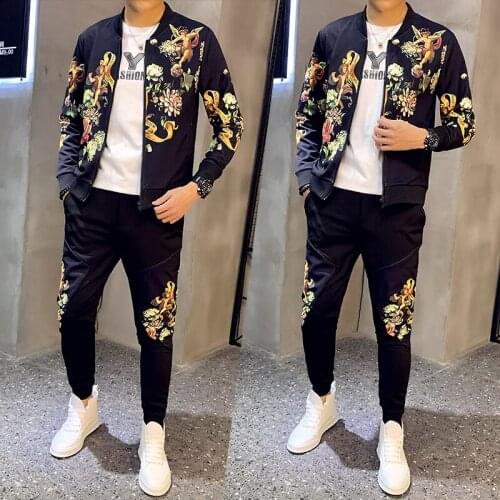 Male Stylish printing Tracksuit Set 2020 New Mens Autumn Man Sport long-sleeved sweater Jacket + Pants 2 Pieces Sportswear Sets