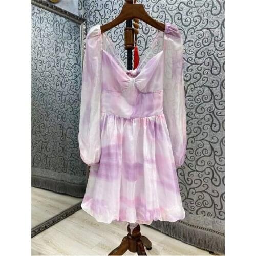 New Hot Sale Summer Dress 2021 Fashion Party Ladies Elegant Bow Deco Sexy Hollow Out Backless Long Sleeve Purple Print Dress